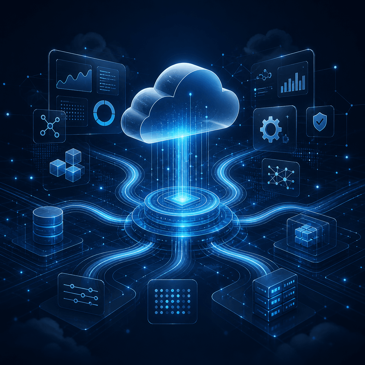 Abstract AI cloud platform connecting data, systems, security, and intelligent software workflows.