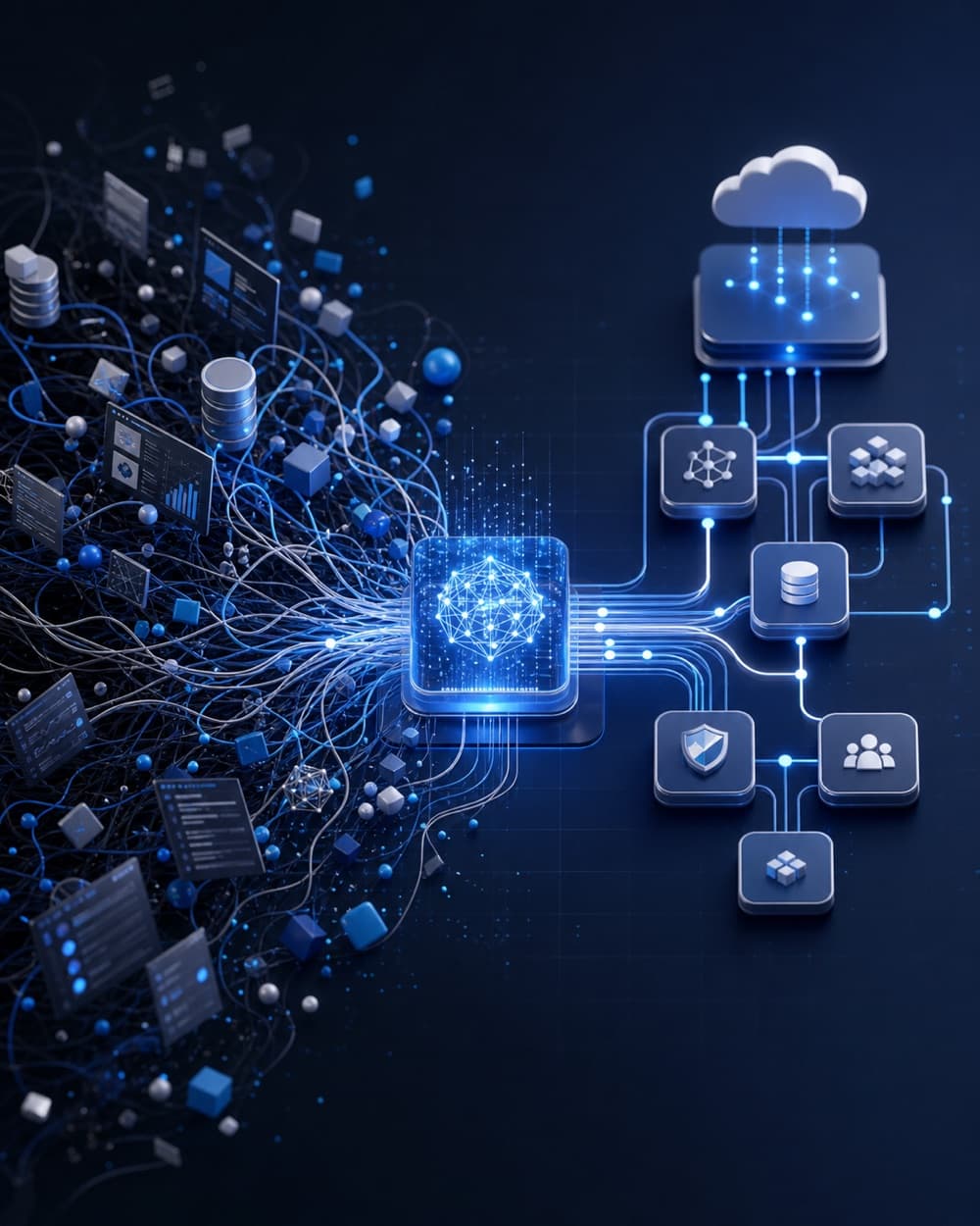 Tangled enterprise systems resolving through AI orchestration into clean connected cloud architecture.